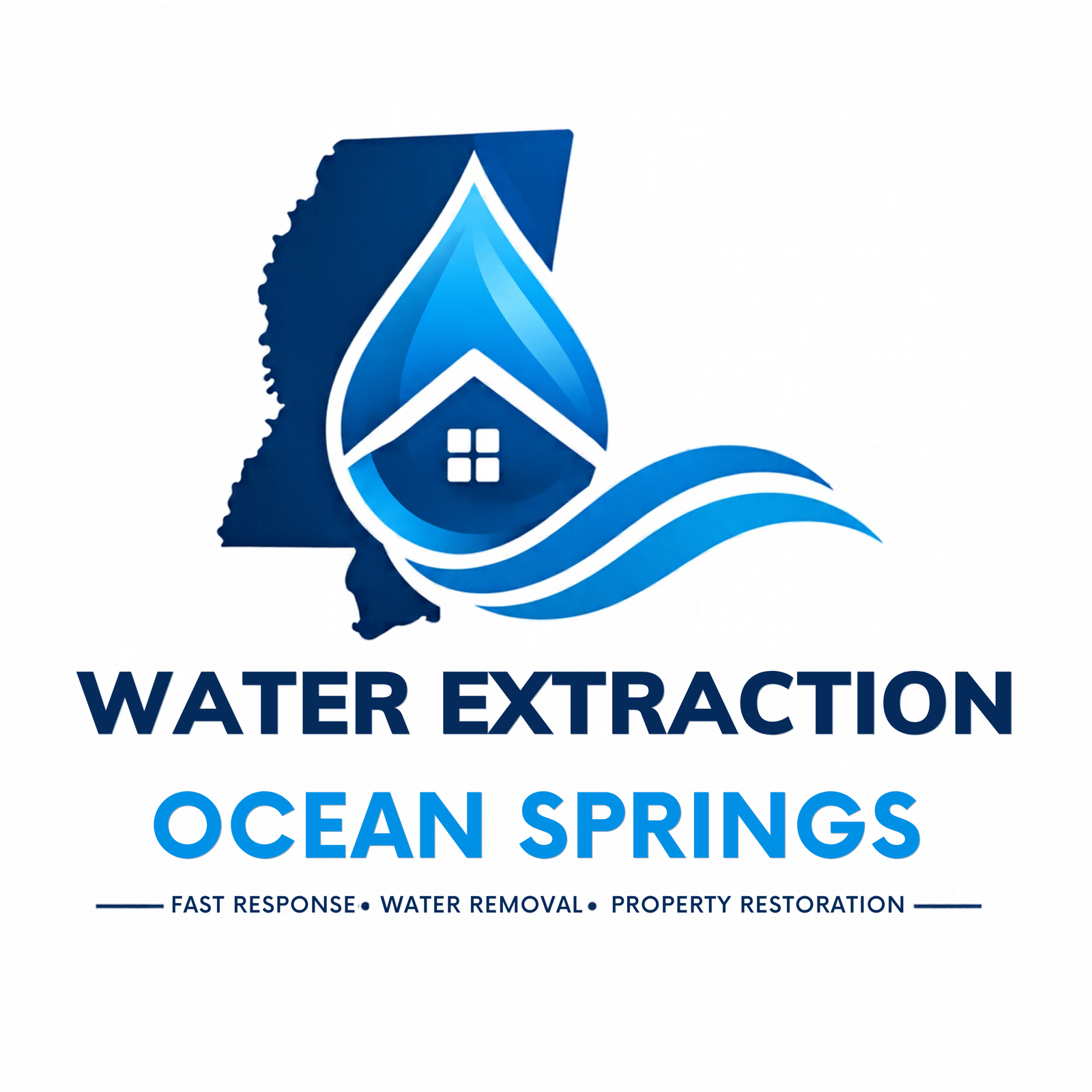 Water Extraction Ocean Springs logo — Mississippi shape with a water drop and house, for fast response water removal and property restoration